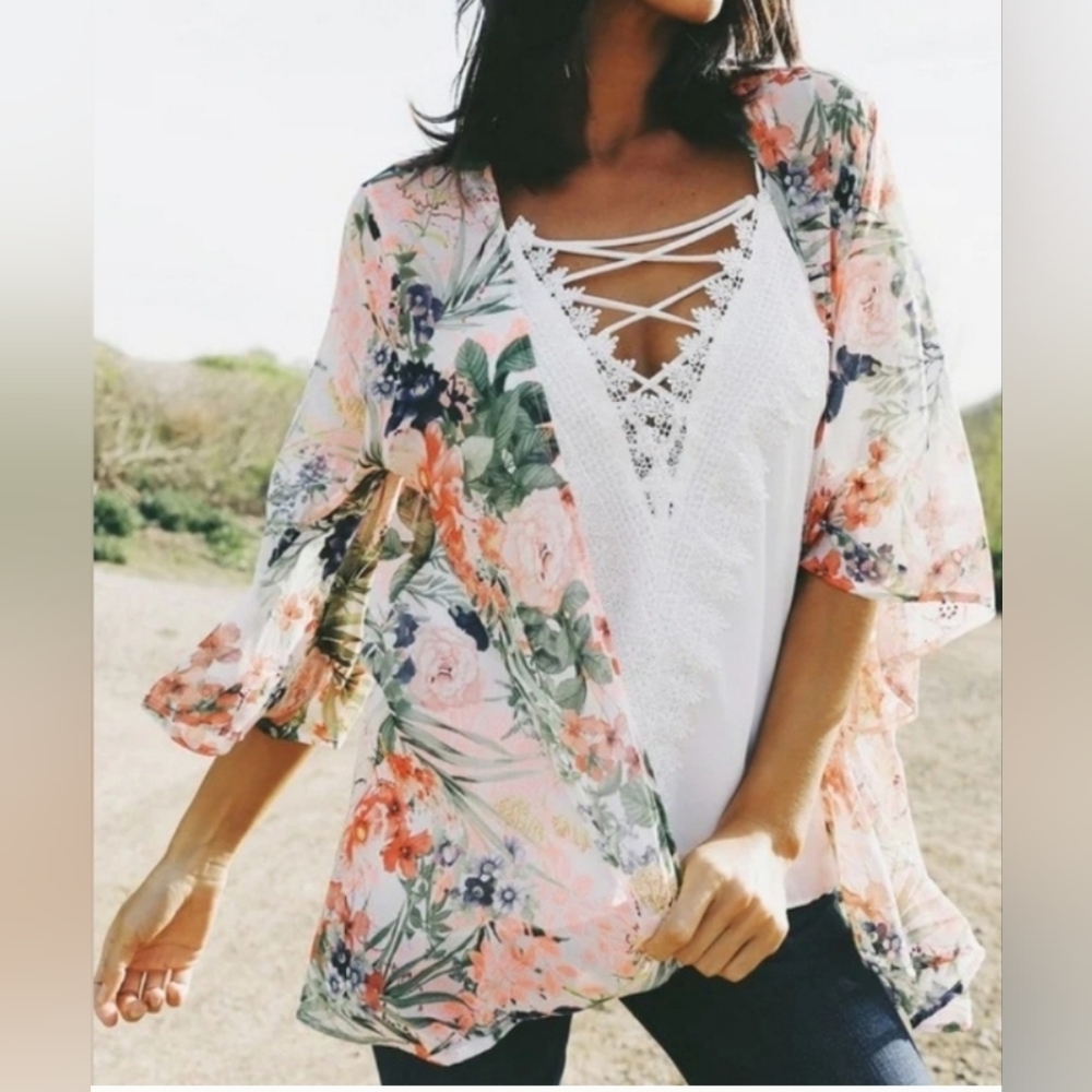 Boutique Brand Sheer Floral Kimono Cardigan, Size S
